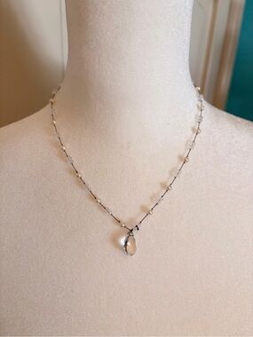 Delicate Pearl Station Necklace with Crystal Teardrop Pendant - Clear